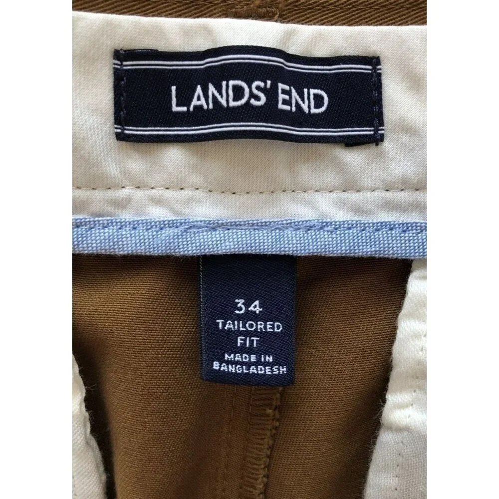 Land's End Chino Pants Mens Size 34 Brown 100% Cotton Tailored Fit Old Money